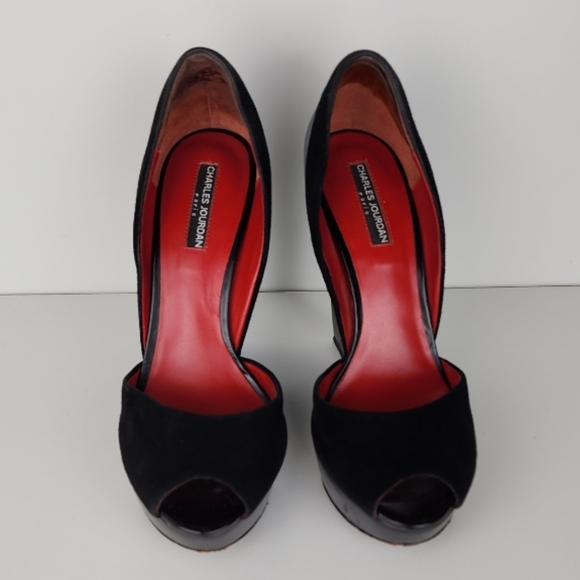 Charles Jourdan Cadence Wedge Platform Peep Toe Black Suede Size 10 - Picture 7 of 13